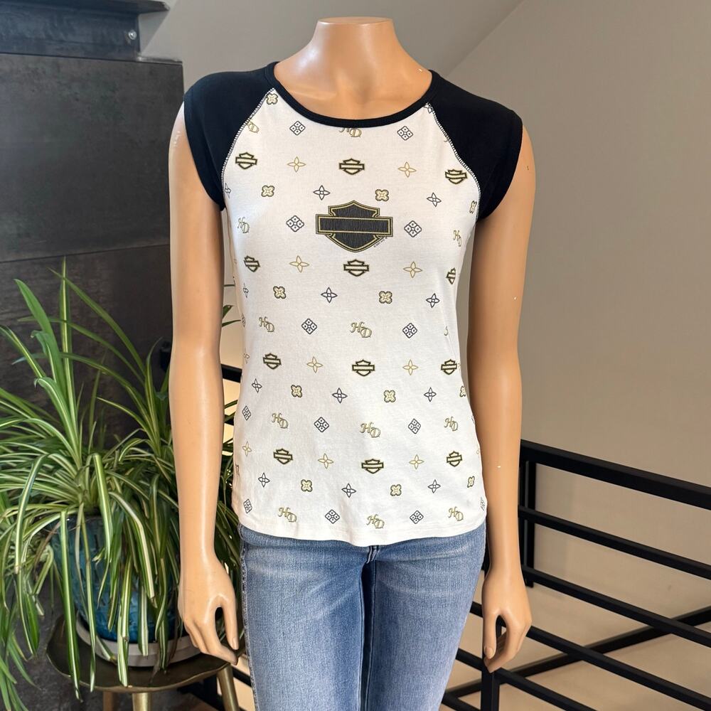 Vintage 2007 Harley Davidson Las Vegas Monogram Baby Tee Womens M Raglan Y2K